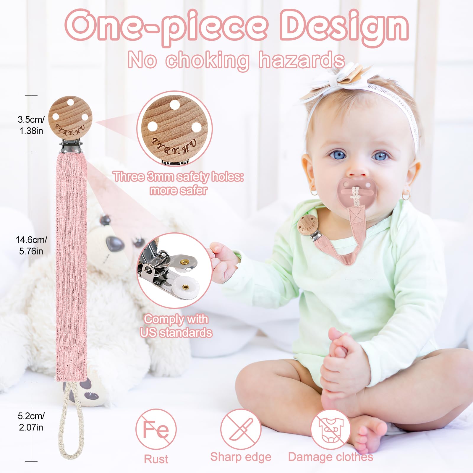 TYRY.HU Ribbon Pacifier Clip Pink Clip Detail: soft webbing and secure attachment.
