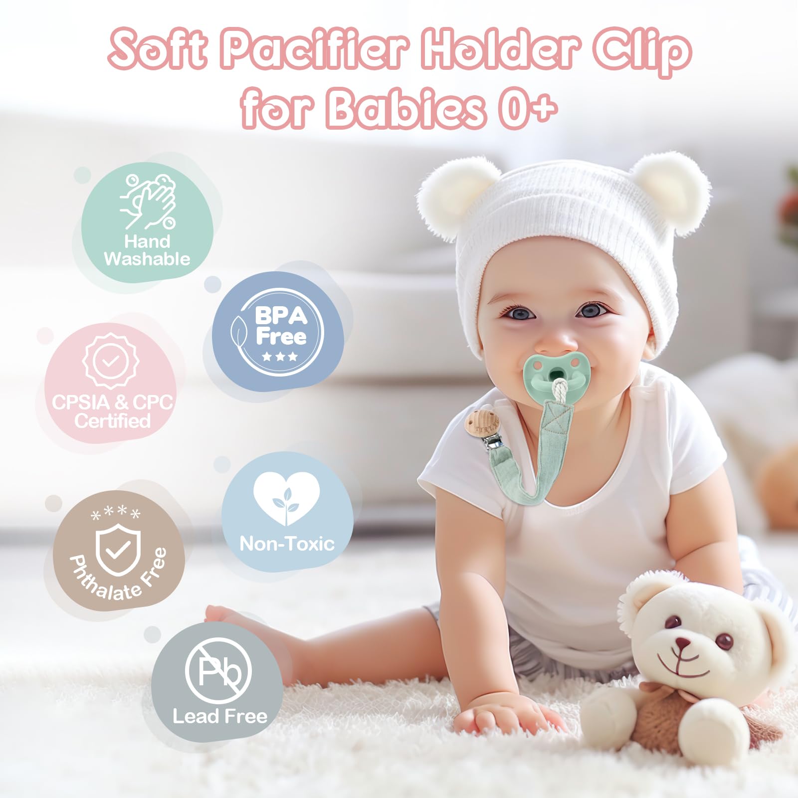 TYRY.HU Ribbon Pacifier Clip Pink Pack Front: stylish, practical, keeps pacifier within reach.
