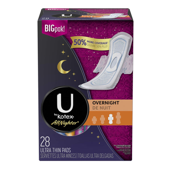 U by Kotex AllNighter overnight pad with wings, neatly packaged for easy use and travel.