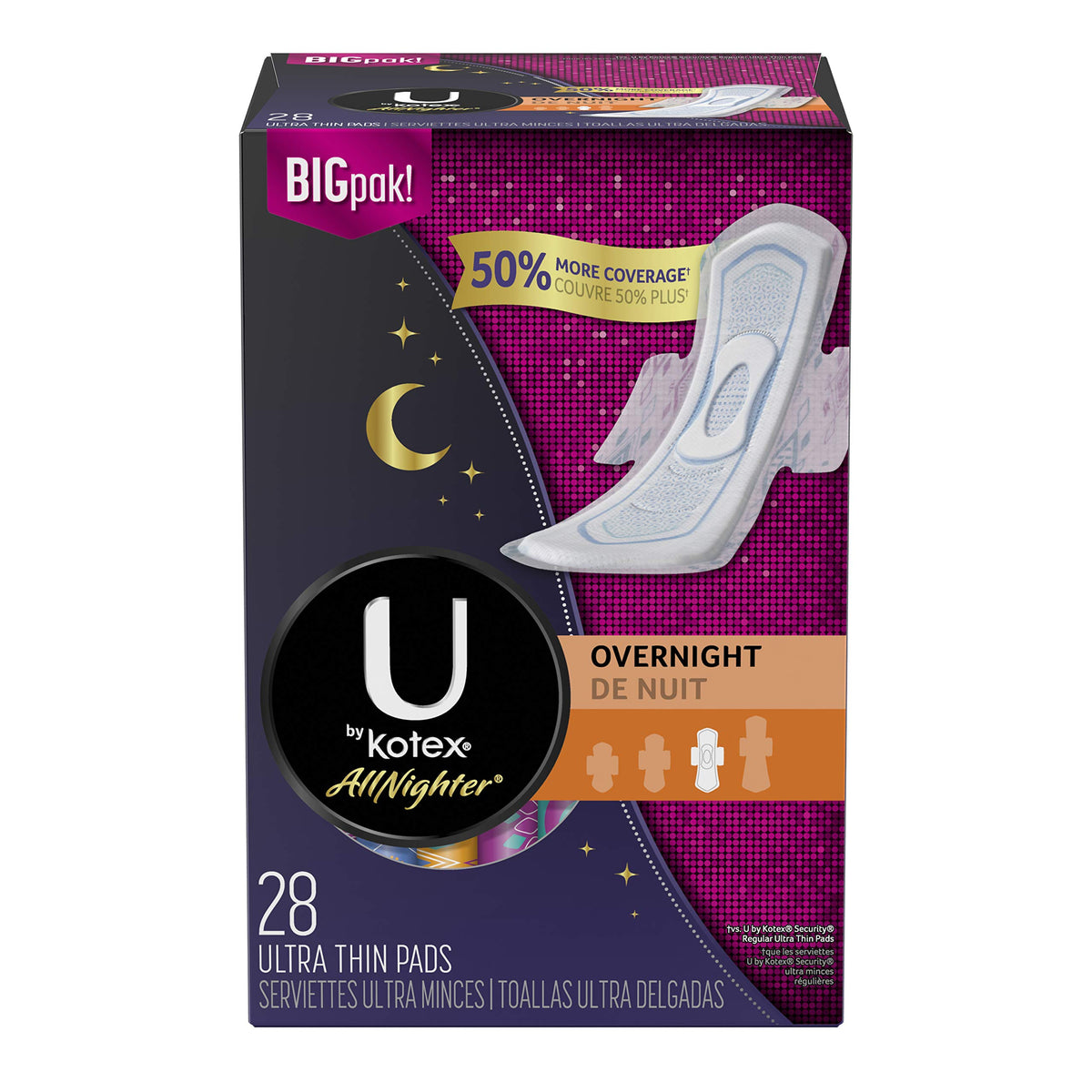 U by Kotex AllNighter overnight pad with wings, neatly packaged for easy use and travel.