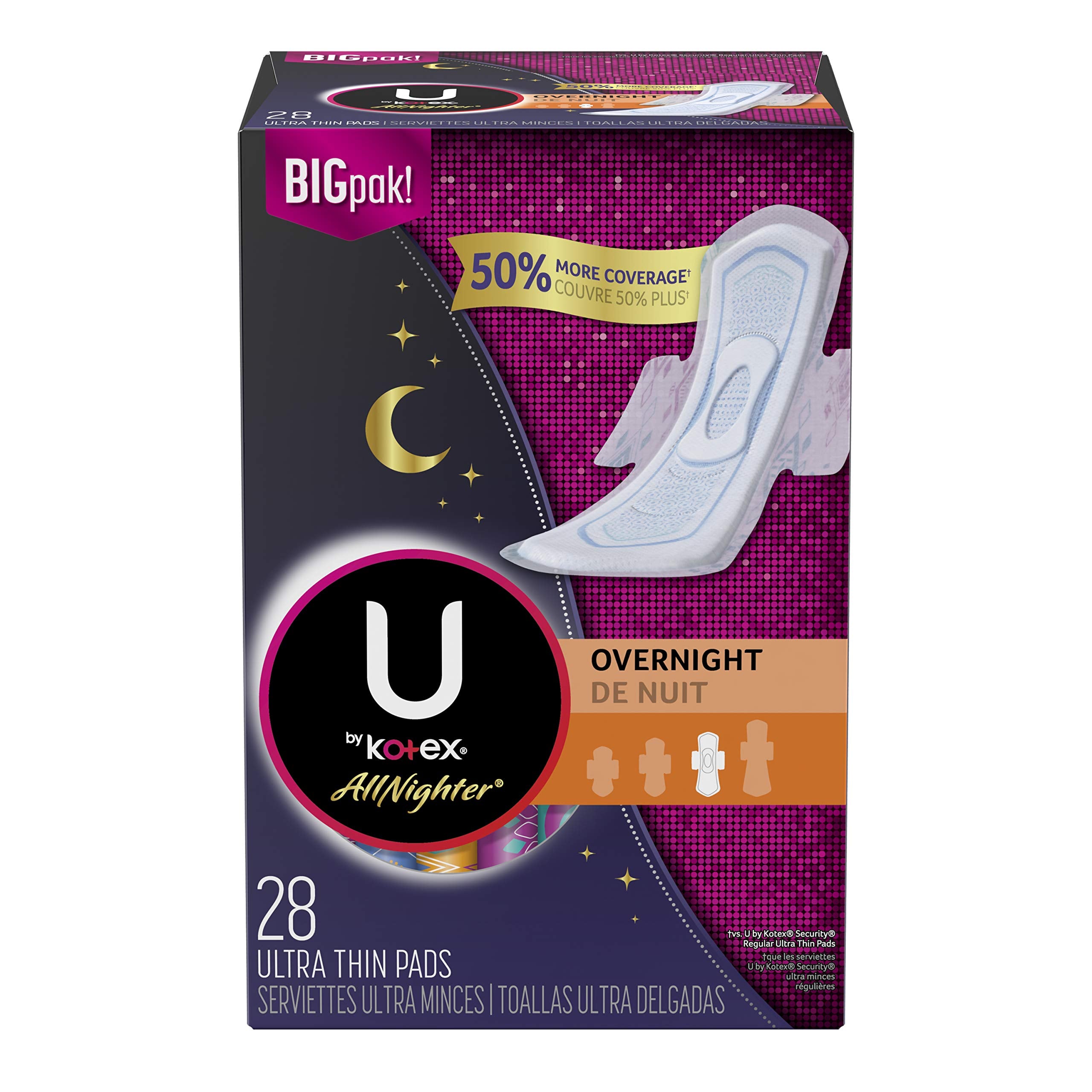 U by Kotex AllNighter overnight pad with wings for secure overnight protection.