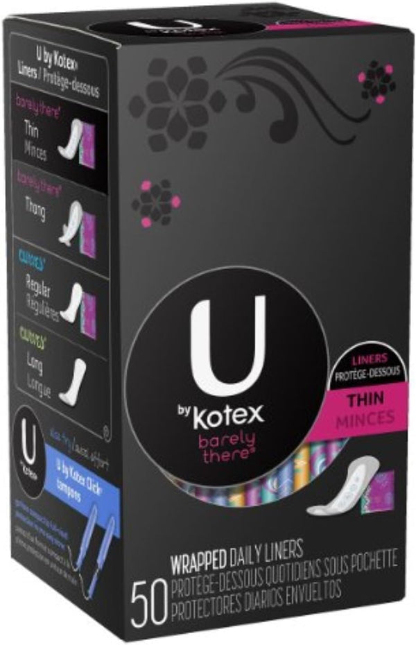 U by Kotex Barely There Thin Liner packaging shown for daily freshness and discretion.
