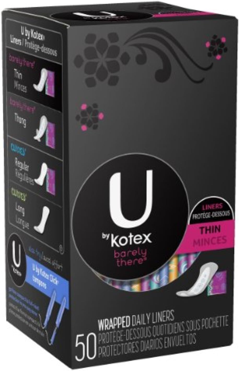 U by Kotex Barely There Thin Liner packaging shown for daily freshness and discretion.