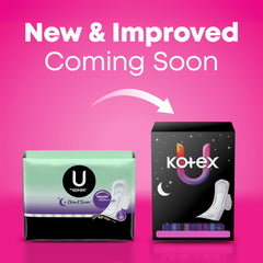 U by Kotex overnight pads with wings, 60% larger back, for better nighttime coverage.