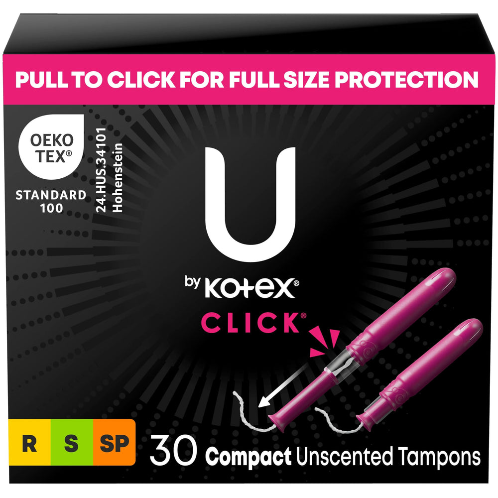 U by Kotex Click compact tampon regular absorbency; pocket-friendly on-the-go protection.