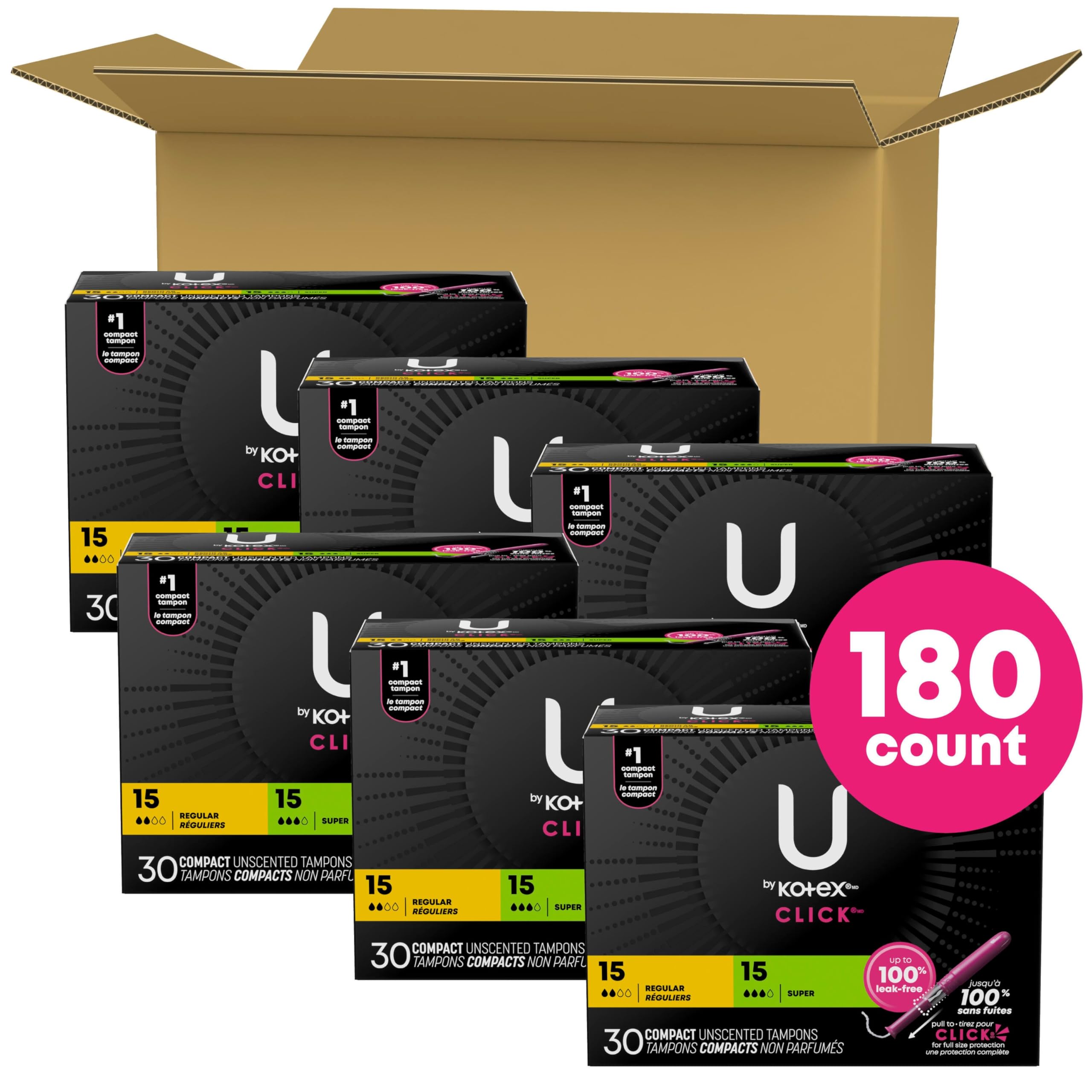 U by Kotex Click compact tampon super packaging, trusted protection for active days