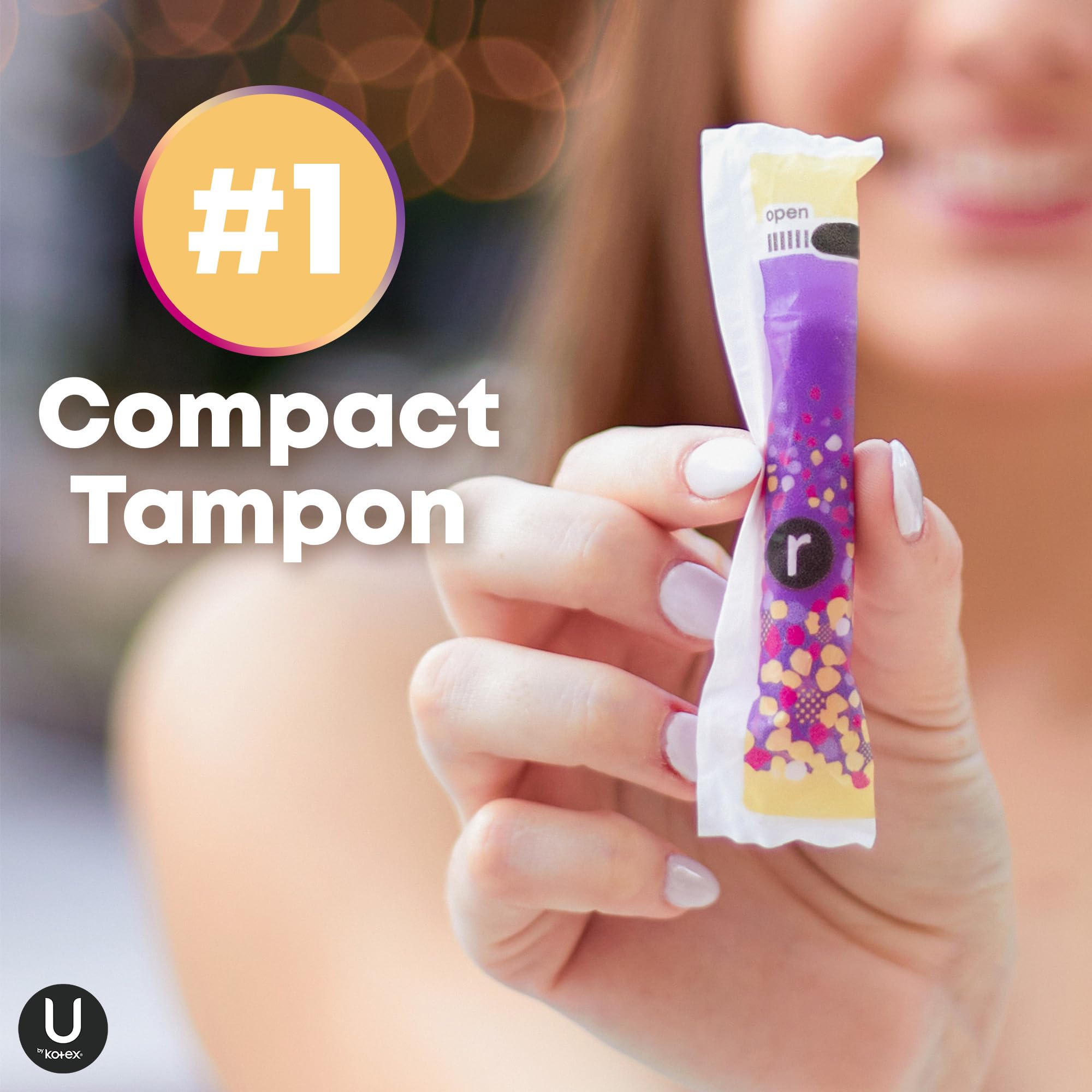 U by Kotex Click compact tampon super-plus absorbency; extended protection during longer outings.