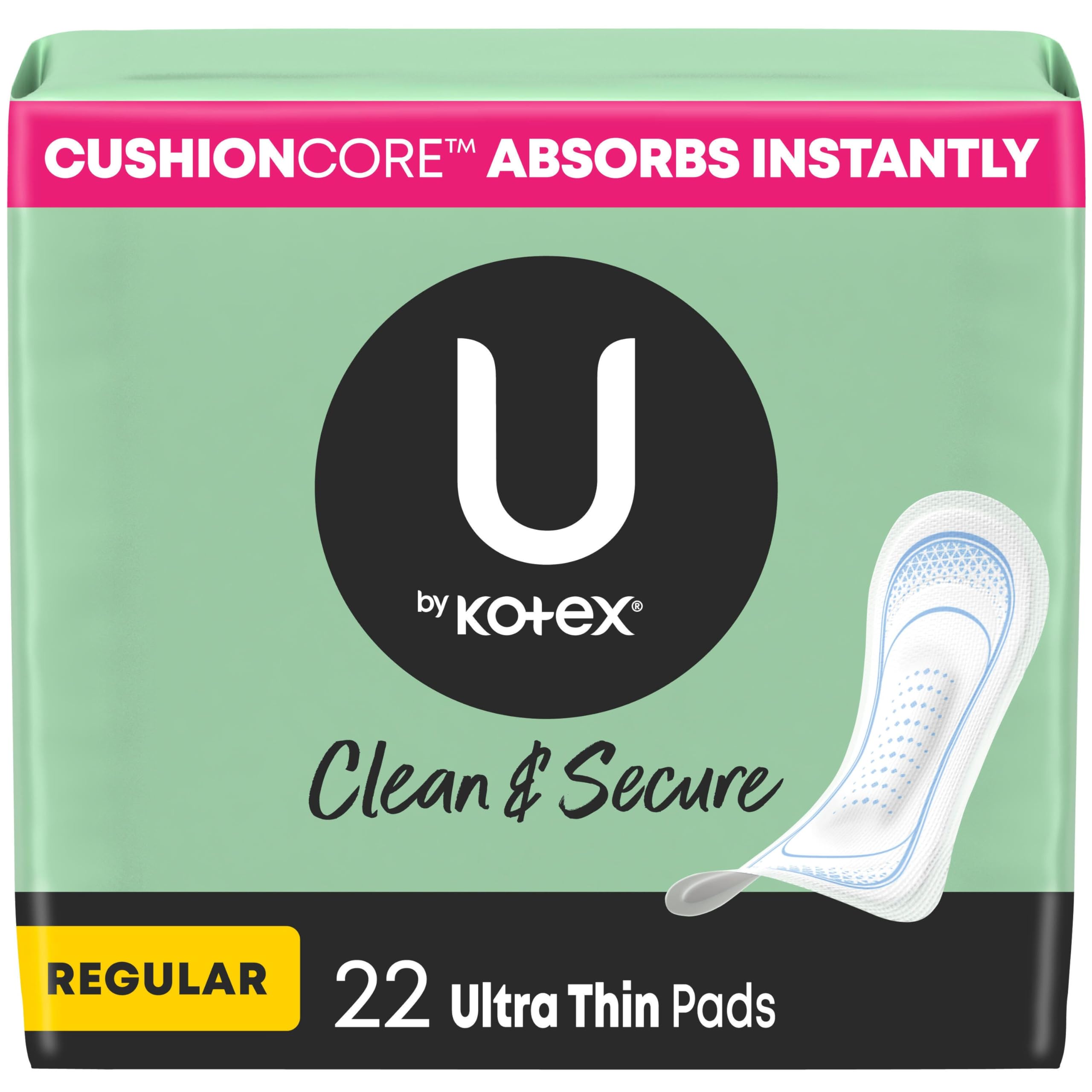U by Kotex Ultra Thin Pads CushionCore close-up showing instant absorption and secure fit.