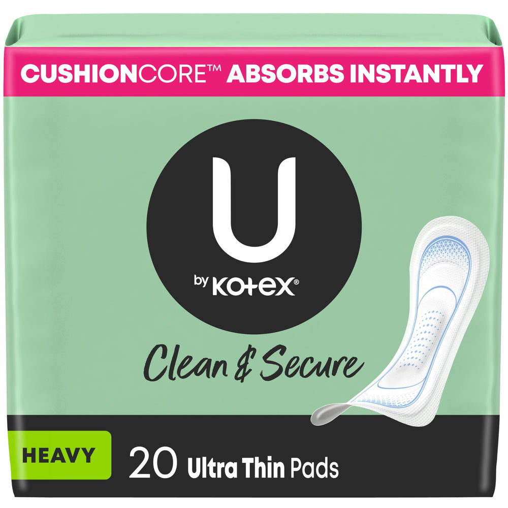 U by Kotex Ultra Thin Pads pack closeup highlights Clean & Secure design for daily protection.