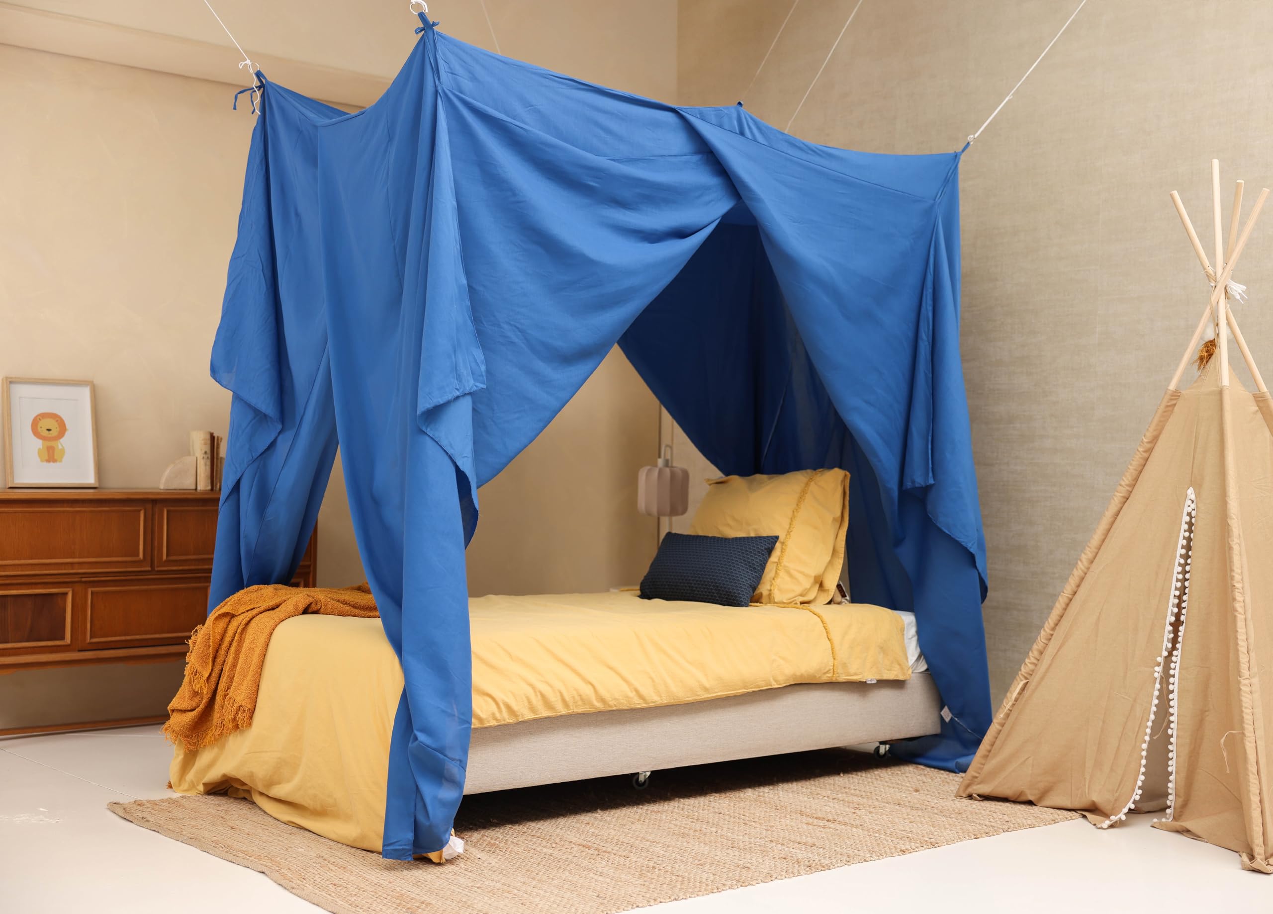 UB-STORE blue bed canopy rectangle frame close-up with drapery details.