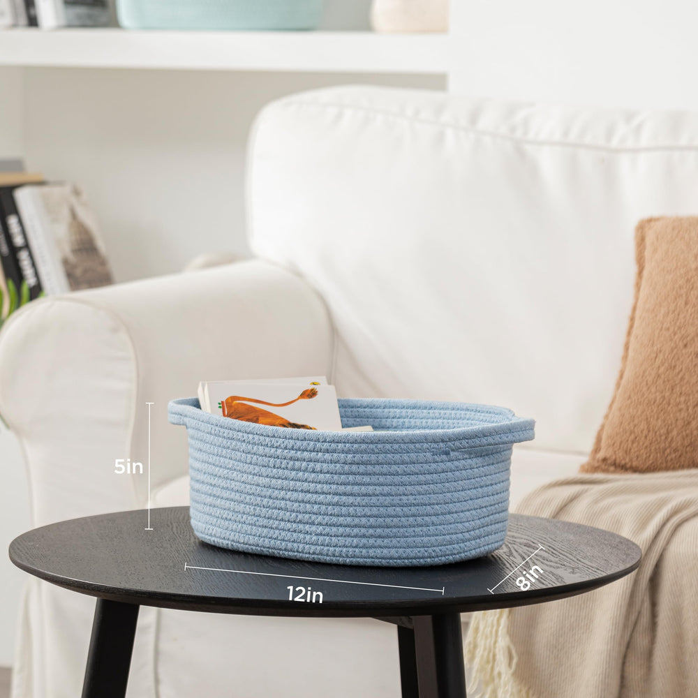 UBBCARE blue living room storage basket adding soft organization.