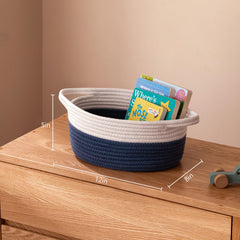 UBBCARE white and navy cotton rope basket with handle, perfect for nursery organization.