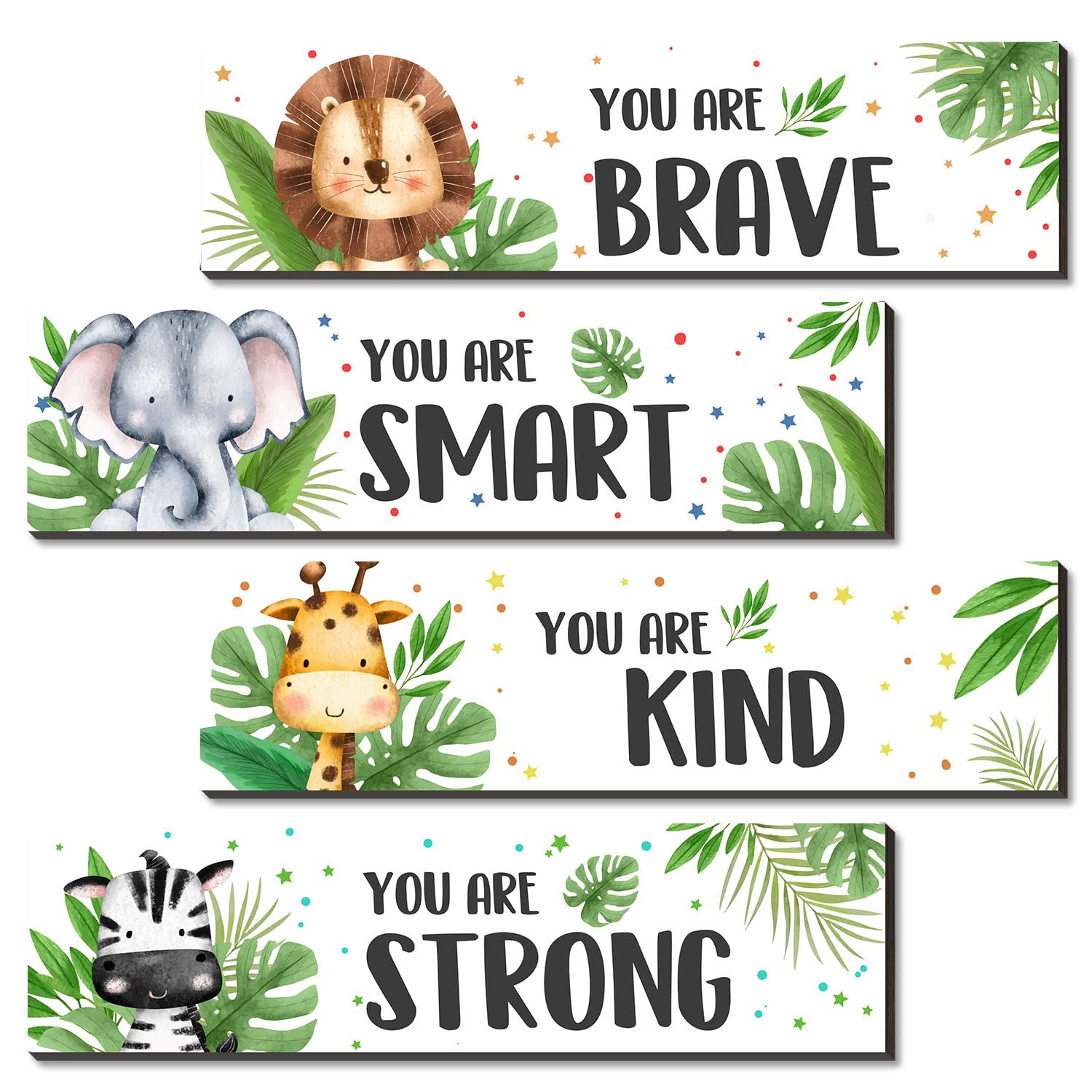 UBLURO jungle animals wall art 4-piece set with uplifting quotes for nursery decor.
