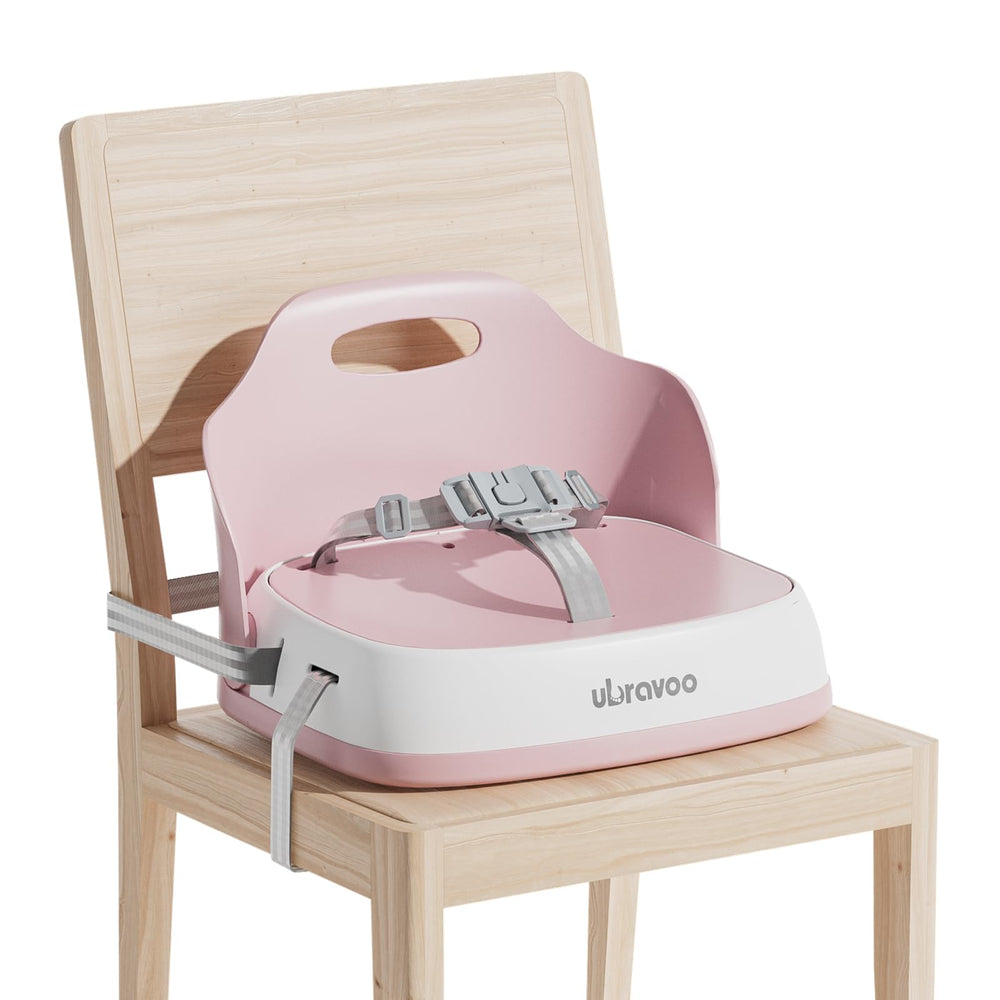 UBRAVOO baby booster seat with tray in pink for secure dining on the go