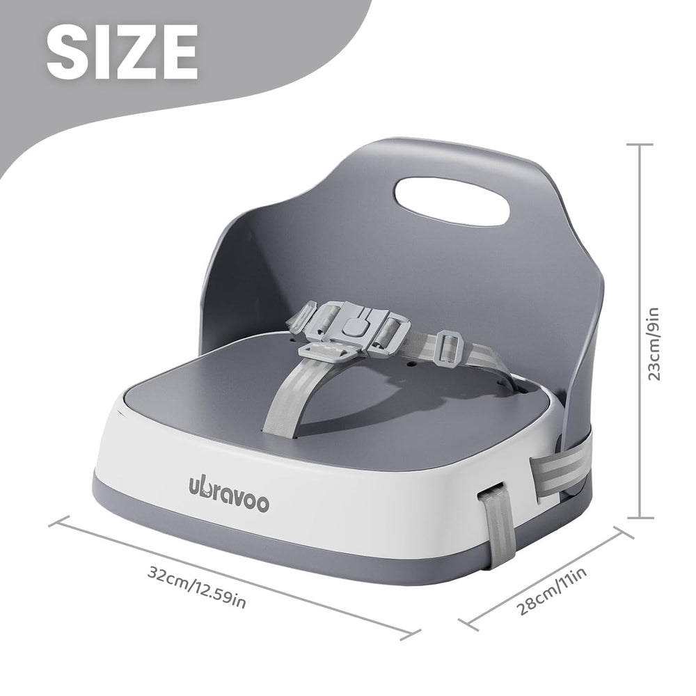 UBRAVOO booster seat showing the 3-point harness for secure seating