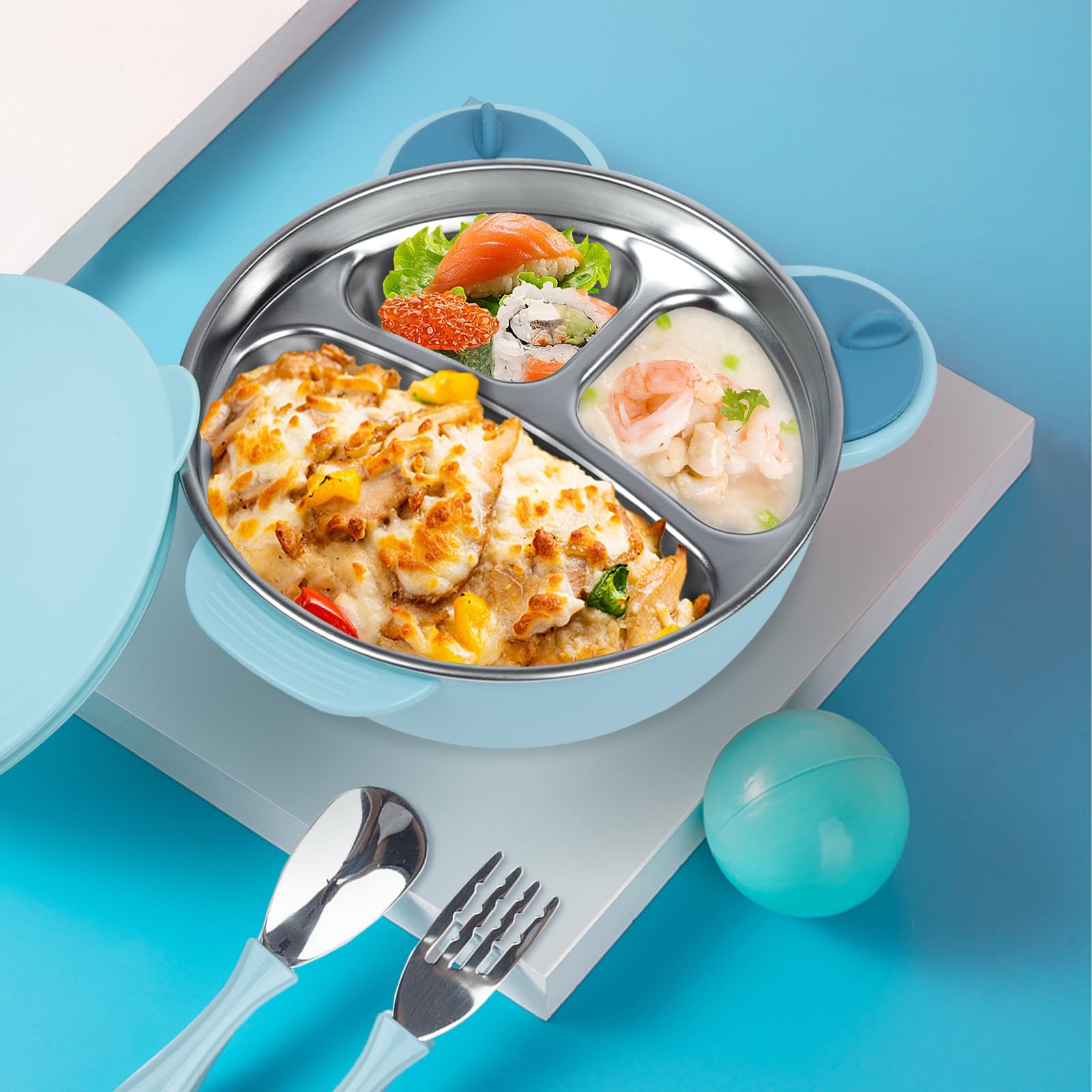 ufengke suction plate with lid blue prevents spills and covers leftovers.