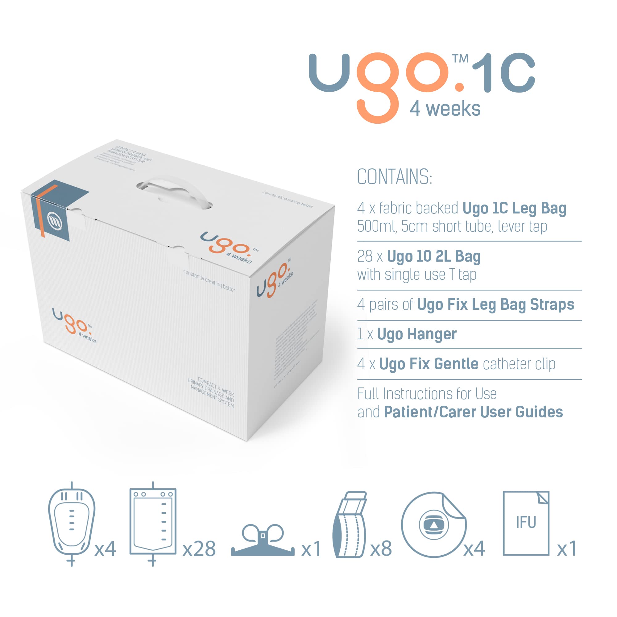 Ugo leg bags collection (1C–4C) with 500ml capacity for discreet use.