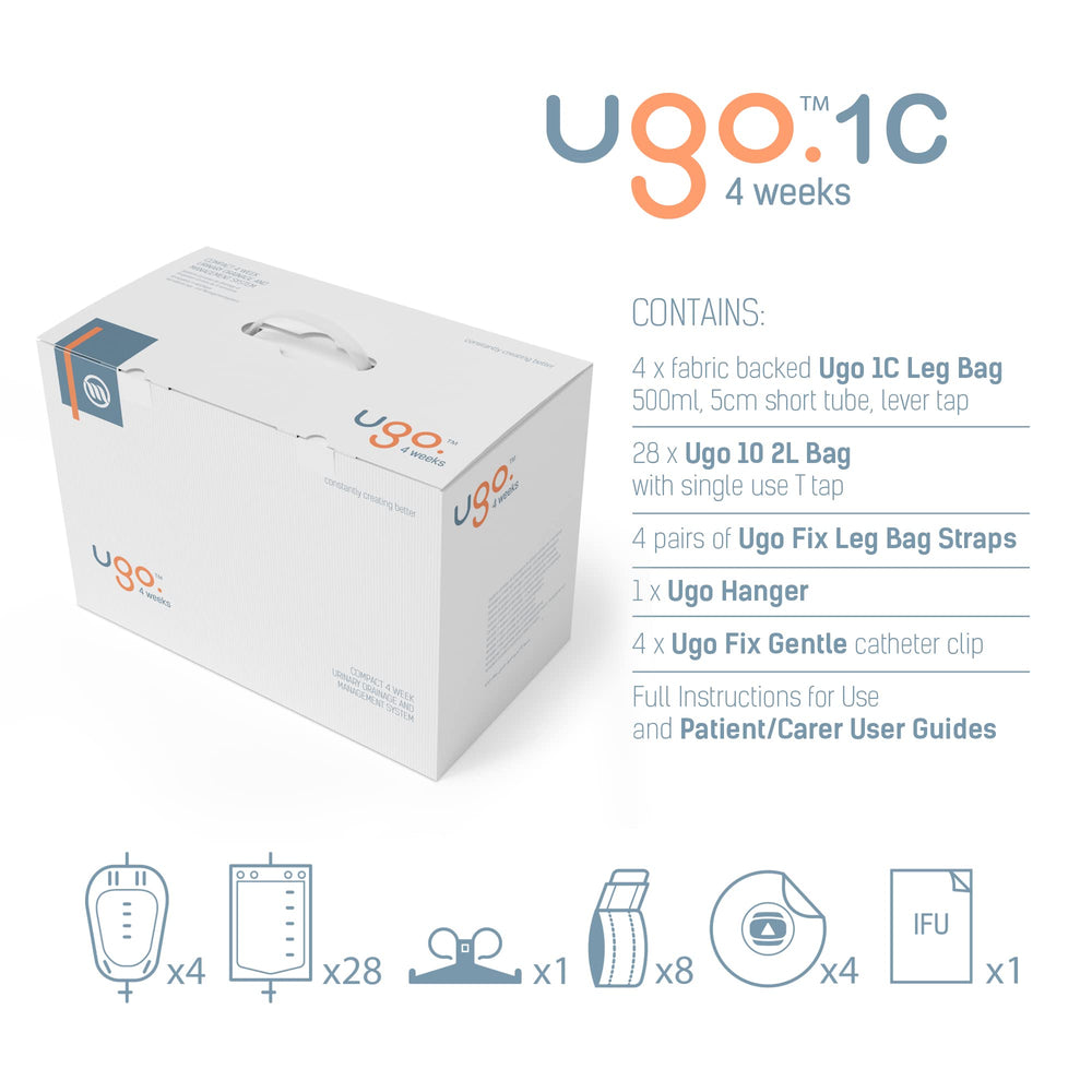 Ugo leg bags collection (1C–4C) with 500ml capacity for discreet use.