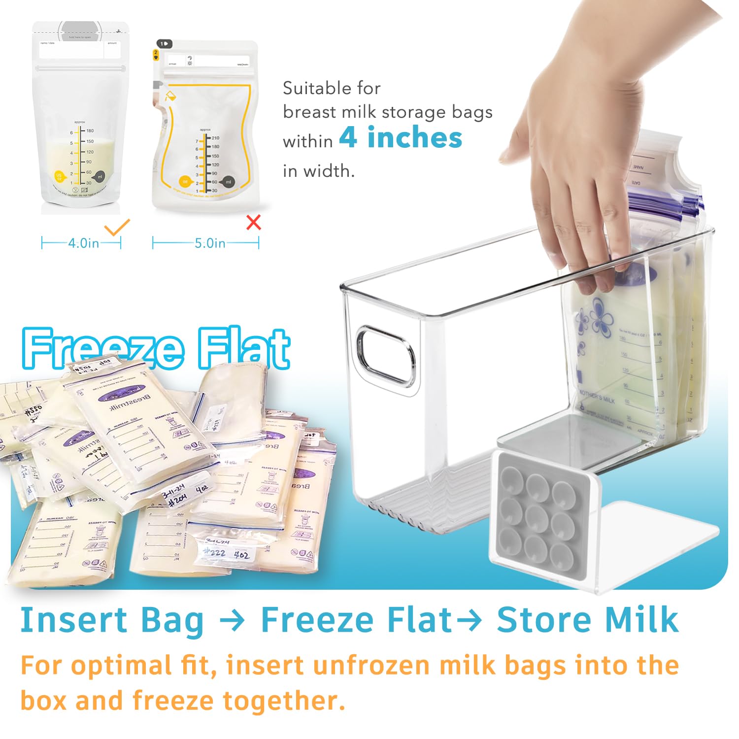 Milk bags stand upright in gray organizer for neat storage.