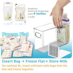 Milk bags stand upright in gray organizer for neat storage.