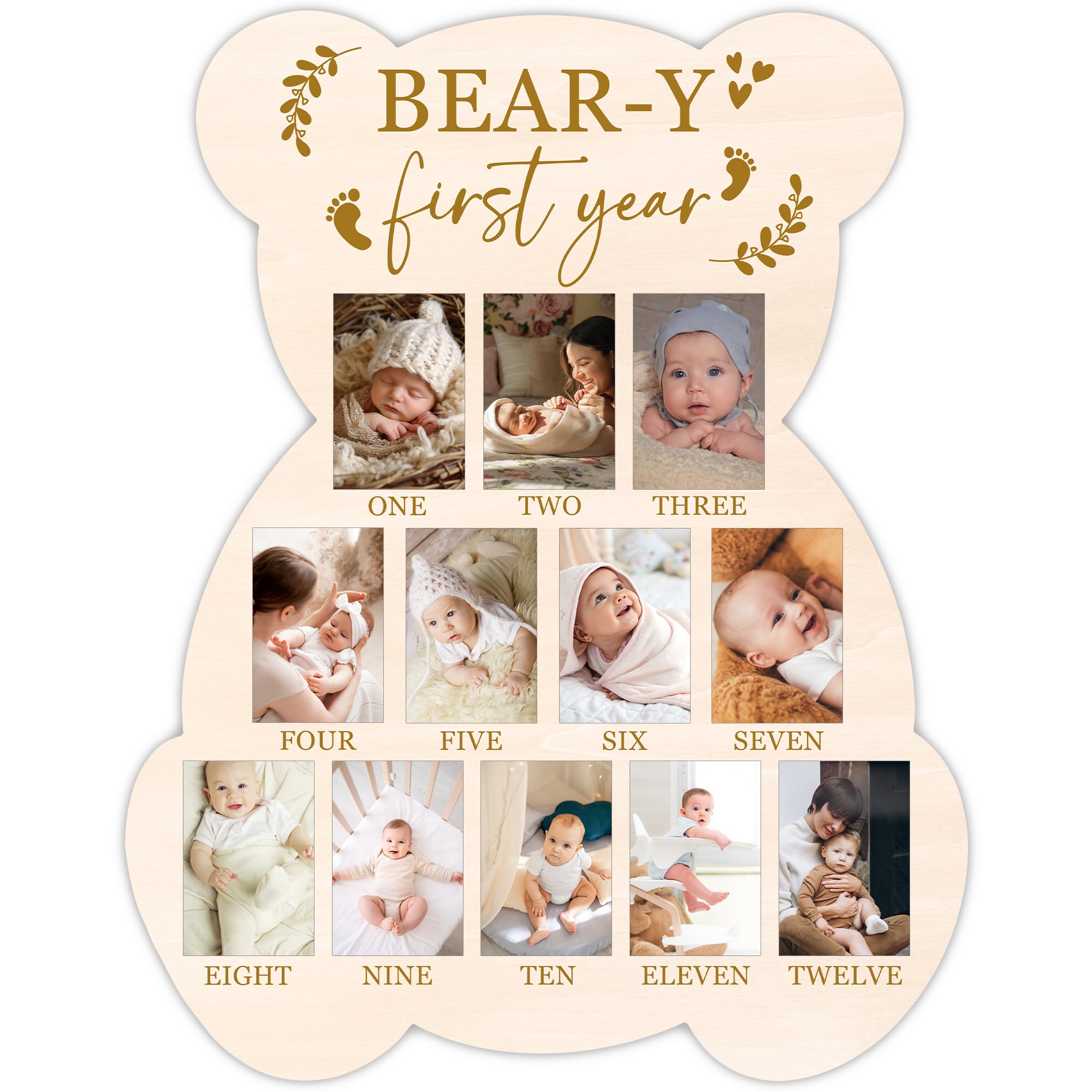 UIBOVA Bear My First Year Photo Board setup for 12–13 photos on a wood frame