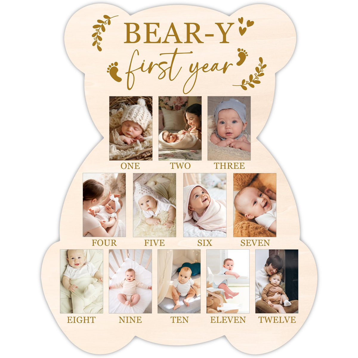 UIBOVA Bear My First Year Photo Board setup for 12–13 photos on a wood frame