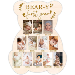 UIBOVA Bear My First Year Photo Board setup for 12–13 photos on a wood frame