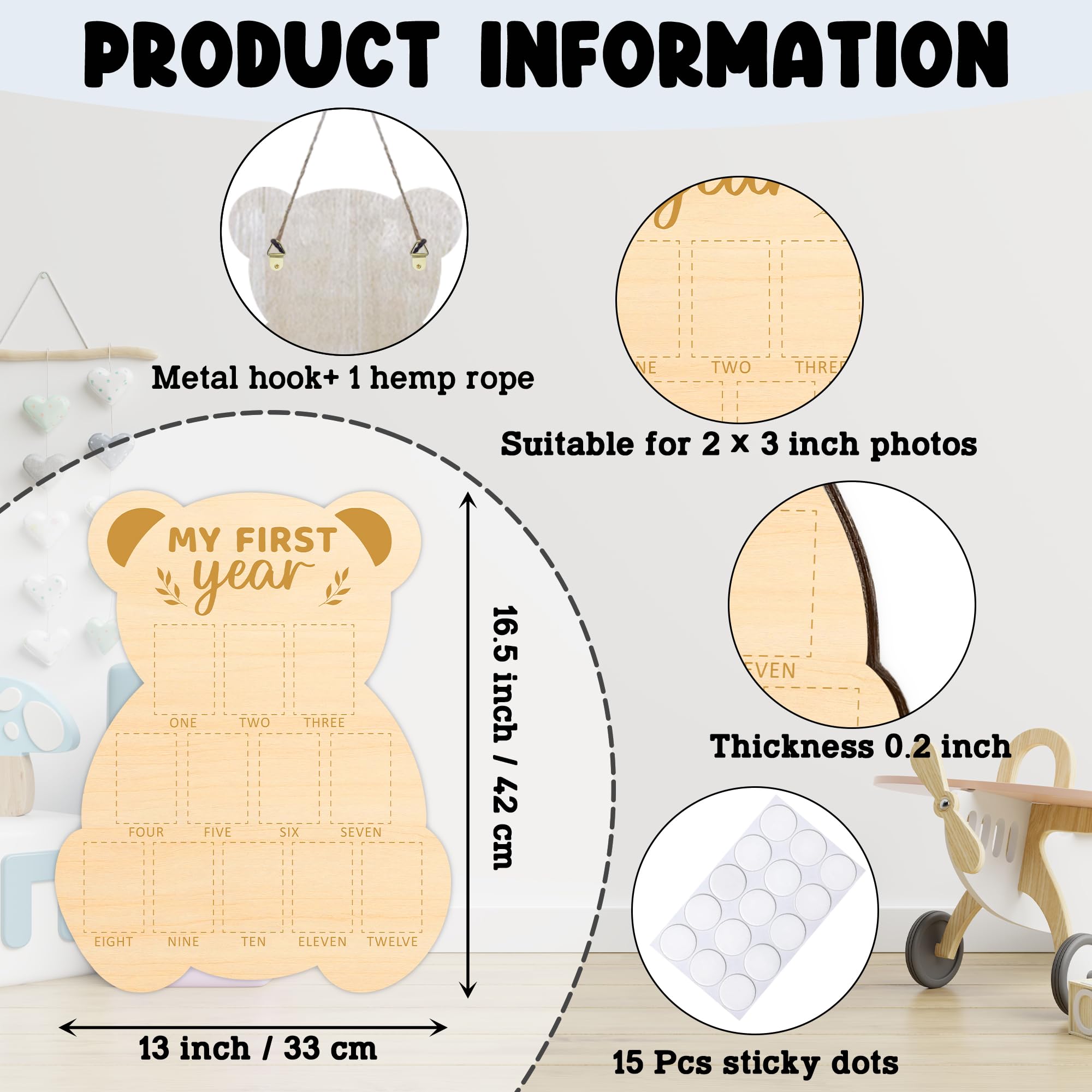 UIBOVA Bear photo board hanging with rope and hooks for easy nursery display.