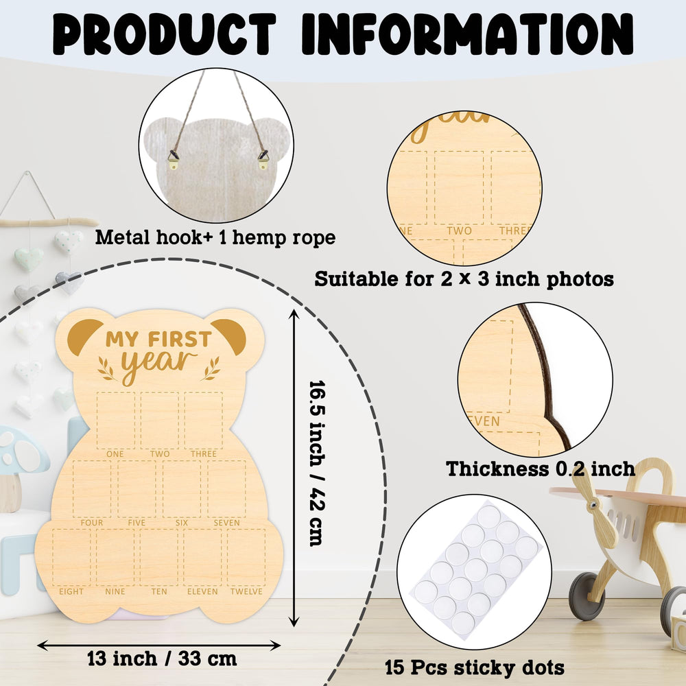 UIBOVA Bear photo board hanging with rope and hooks for easy nursery display.