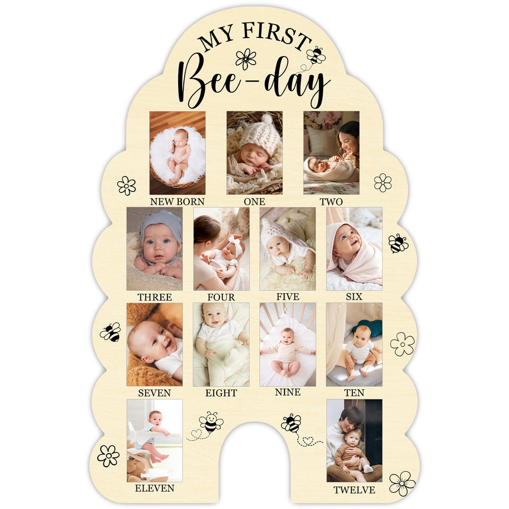 UIBOVA My First Year Photo Board front view in a nursery, showcasing milestones.