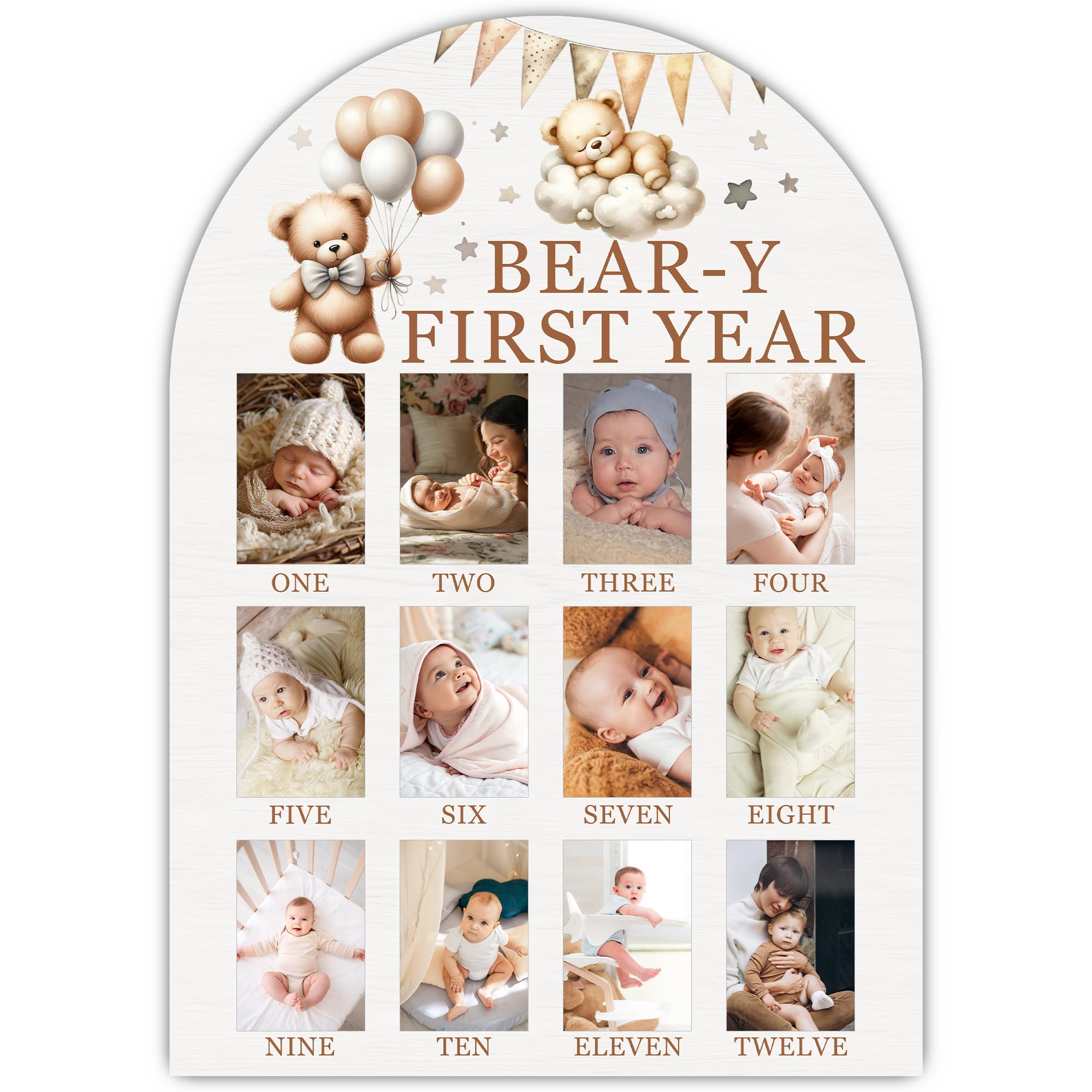 UIBOVA My First Year Photo Board overview showcases milestones in a stylish nursery display.