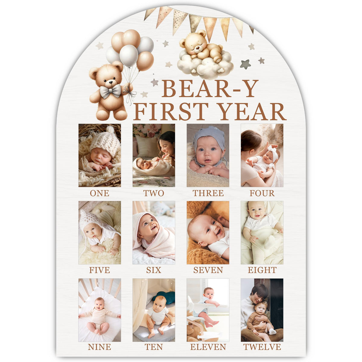 UIBOVA My First Year Photo Board overview showcases milestones in a stylish nursery display.