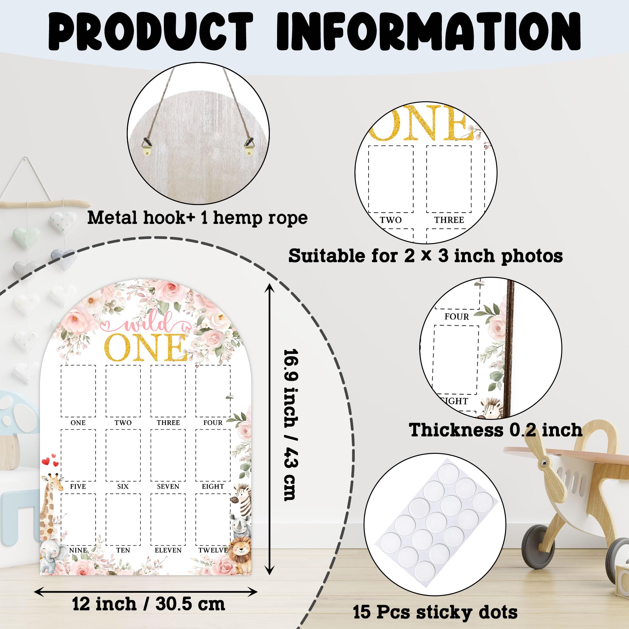 UIBOVA Wild One Year Photo Board with hanging hooks, easy nursery wall display