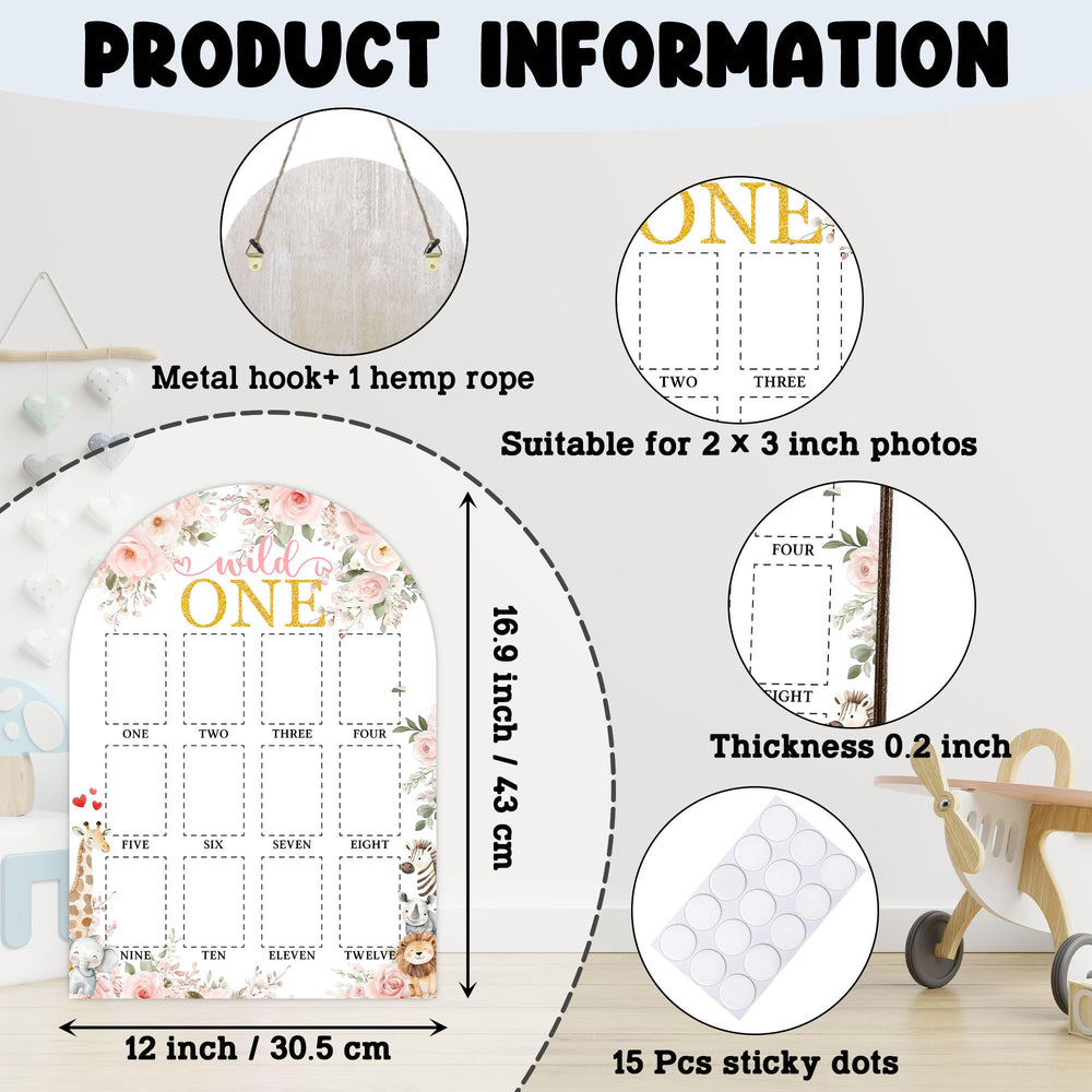UIBOVA Wild One Year Photo Board with hanging hooks, easy nursery wall display