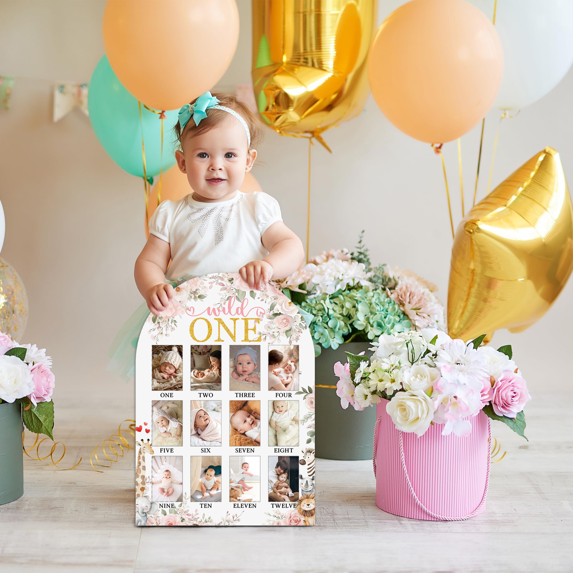 UIBOVA Wild One Year Photo Board styled in nursery decor with jungle animal theme