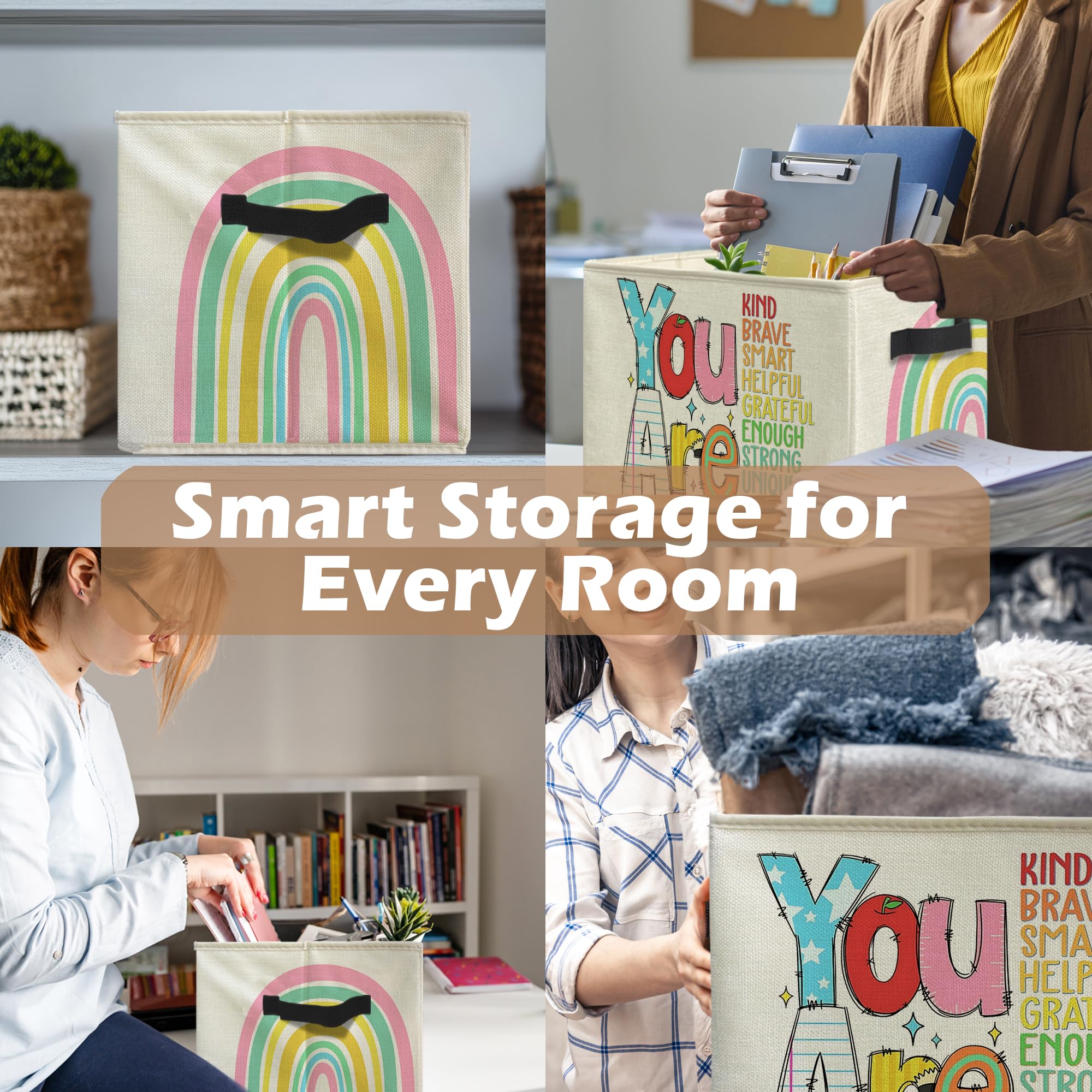 uinwk Boho Rainbow storage bin cotton-linen exterior for durable, lightweight use.