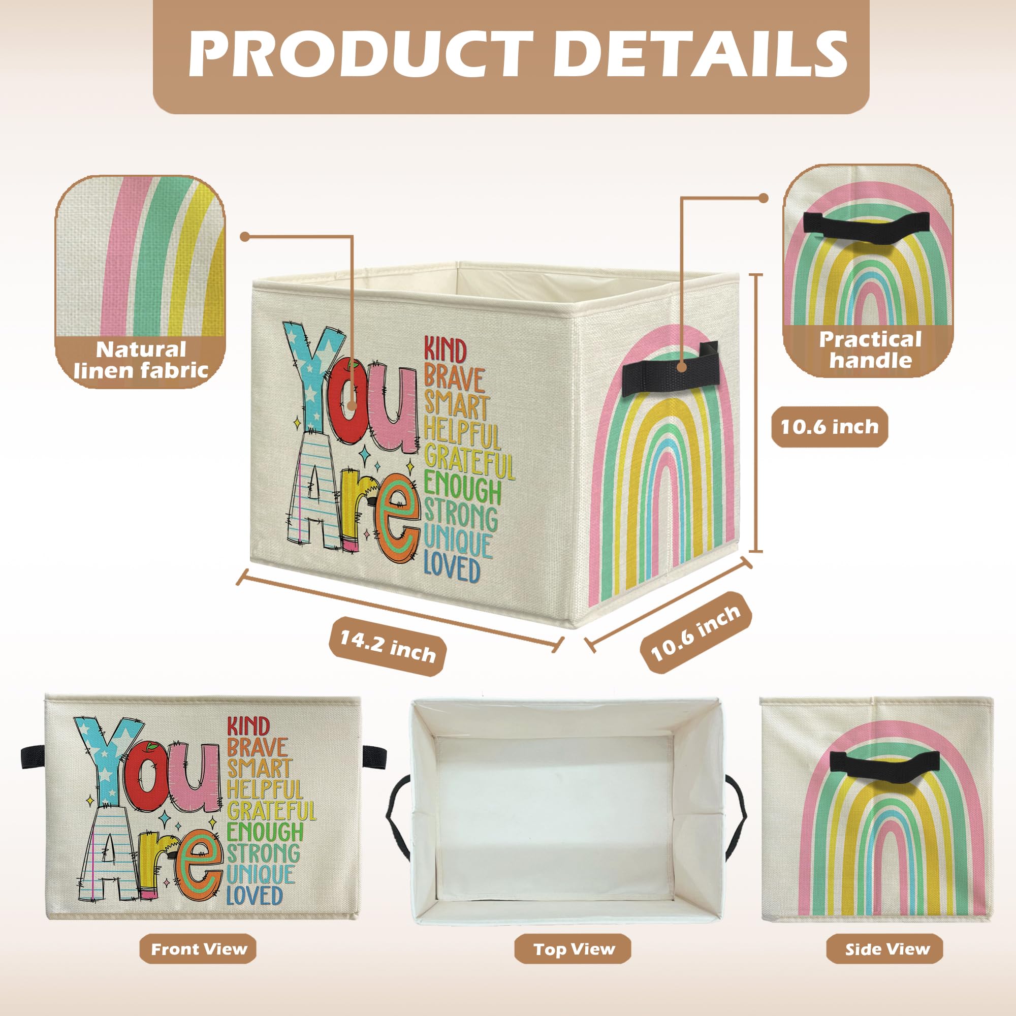 uinwk Boho Rainbow storage bin on living room shelf for toy and book storage.