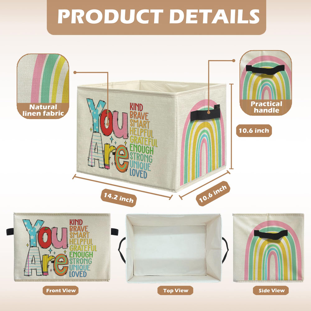 uinwk Boho Rainbow storage bin on living room shelf for toy and book storage.