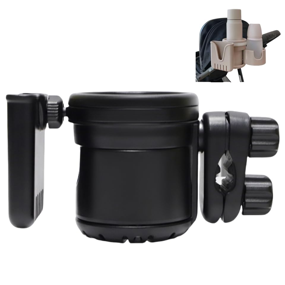 UIVXXUD 3-in-1 stroller cup holder on a stroller keeps bottle and phone within easy reach