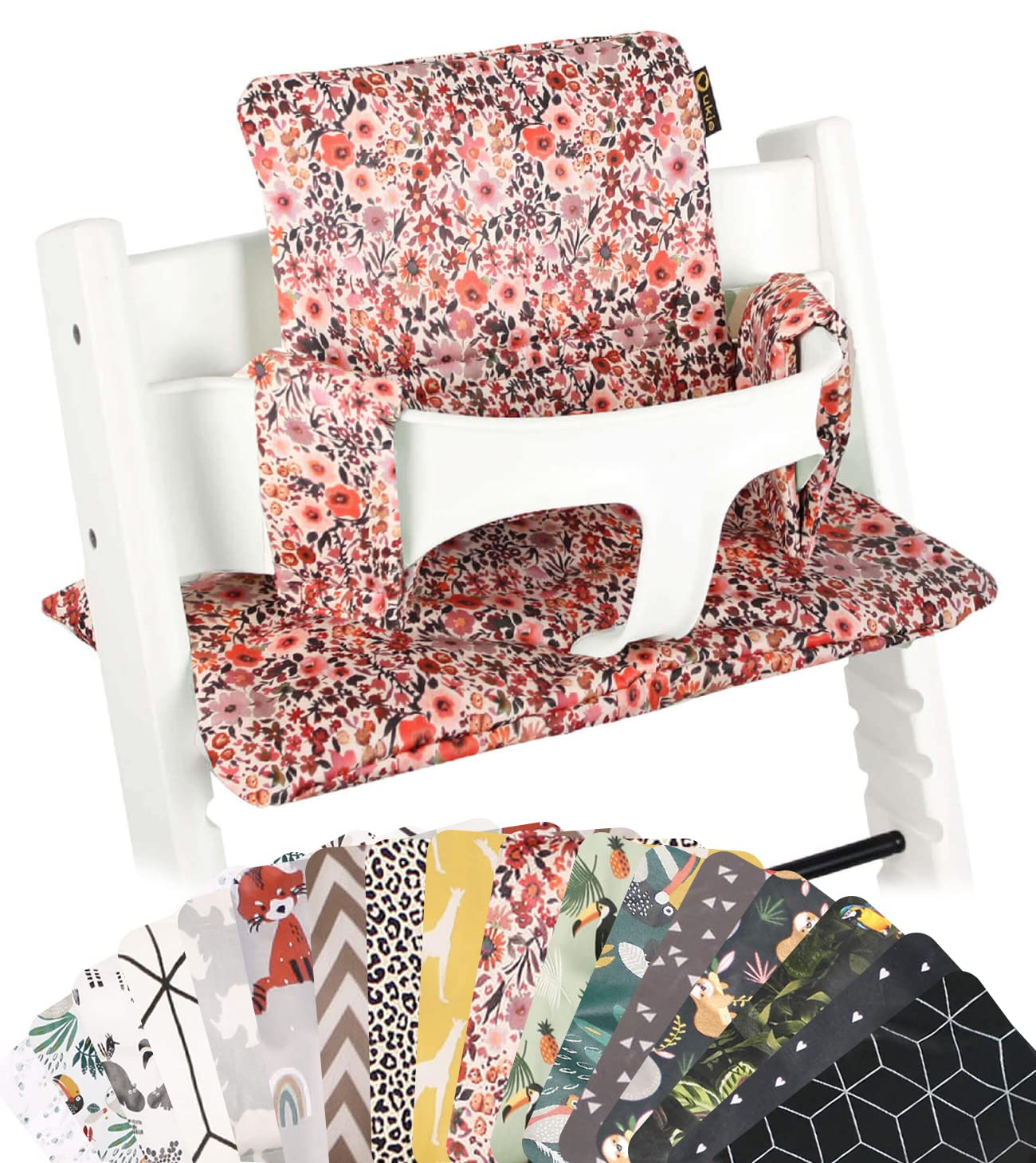 UKJE pink flowers cushion on Stokke Tripp Trapp adds cozy seating for mealtime.
