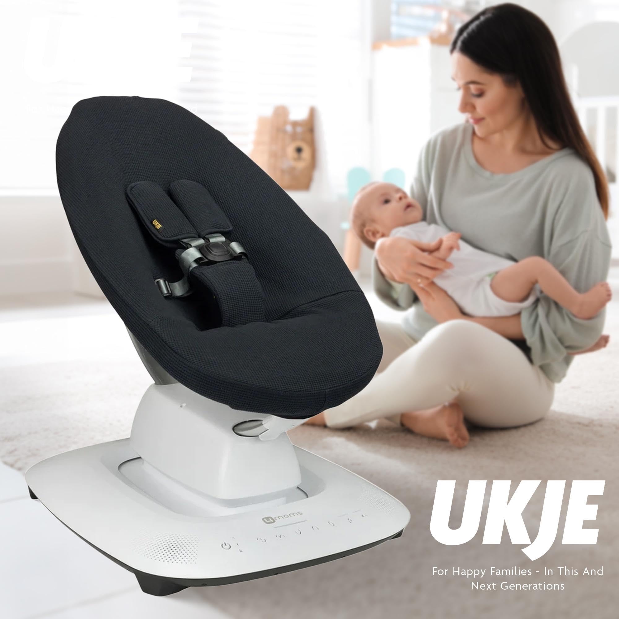 UKJE protective swing cover compatibility image shows secure fit with 4moms and MamaRoo 5 swings.