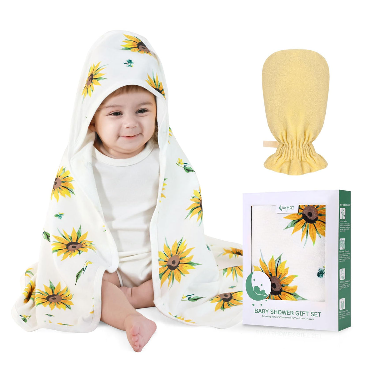UKMOT hooded baby towel with sunflower design absorbs warmth quickly.