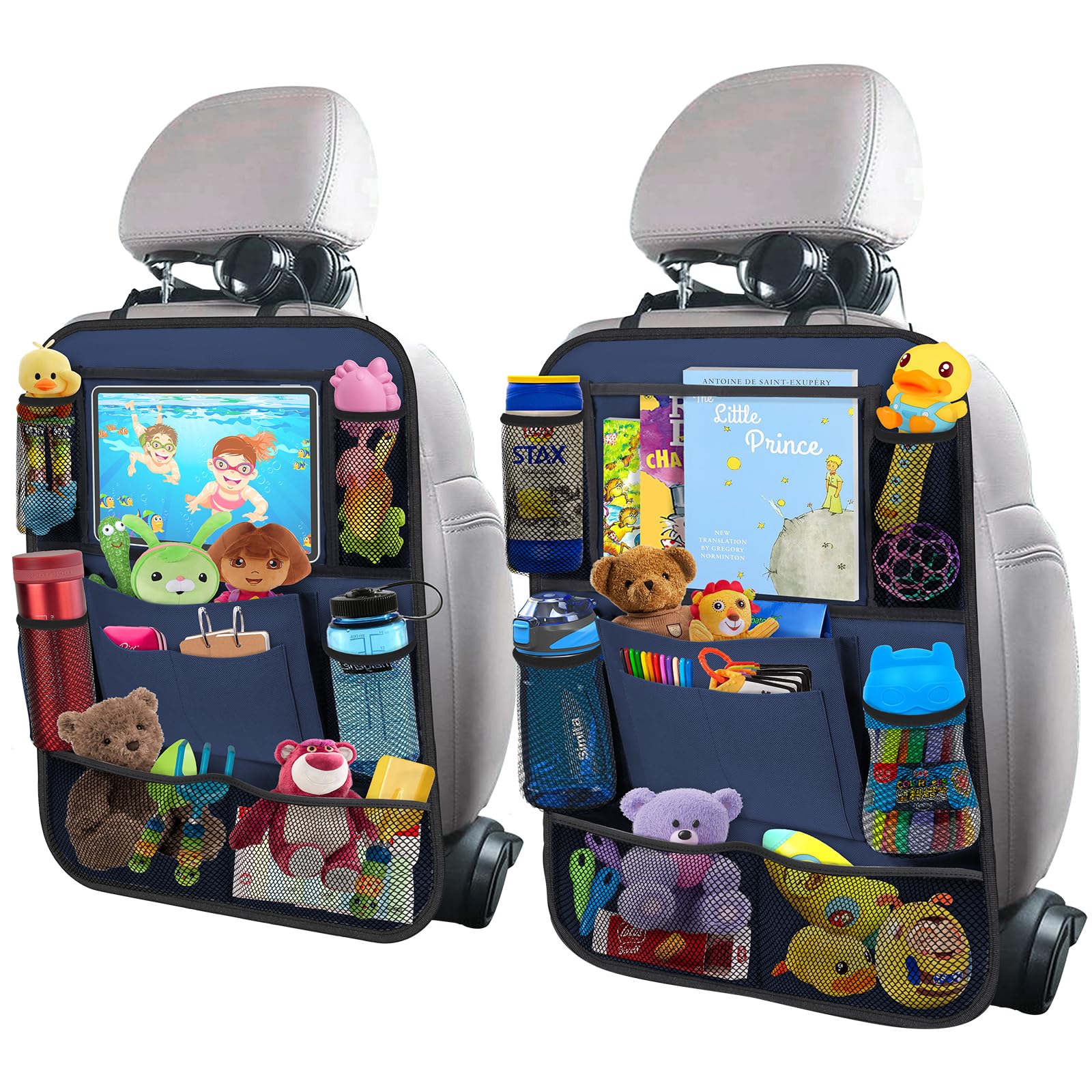 ULEEKA backseat organizer with 11-inch table holder keeps travel essentials within reach.