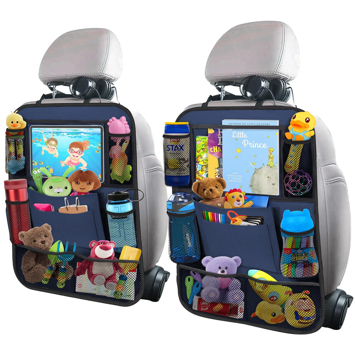 ULEEKA backseat organizer with 11-inch table holder keeps travel essentials within reach.