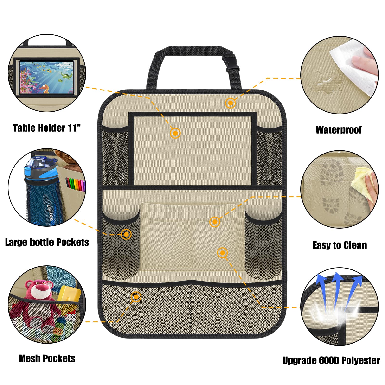 ULEEKA backseat organizer front pockets neatly hold drinks, books, and toys for easy reach.