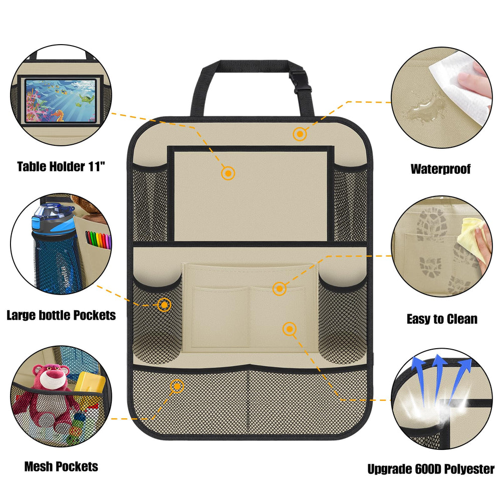 ULEEKA backseat organizer front pockets neatly hold drinks, books, and toys for easy reach.