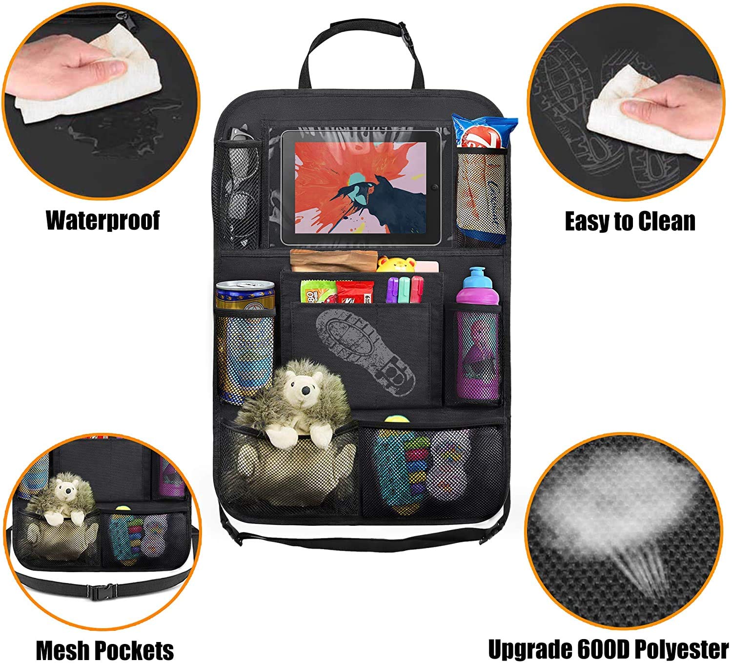 ULEEKA backseat organizer front pockets for quick tidying of toys and accessories.