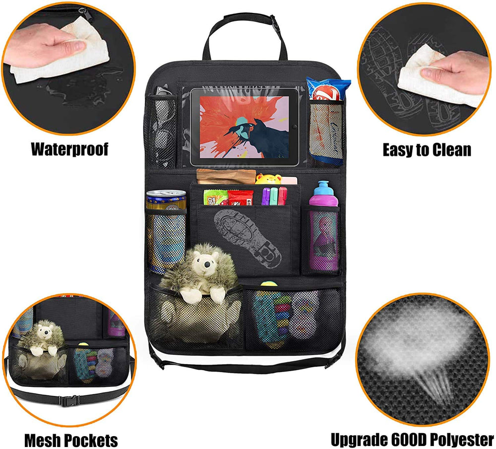 ULEEKA backseat organizer front pockets for quick tidying of toys and accessories.