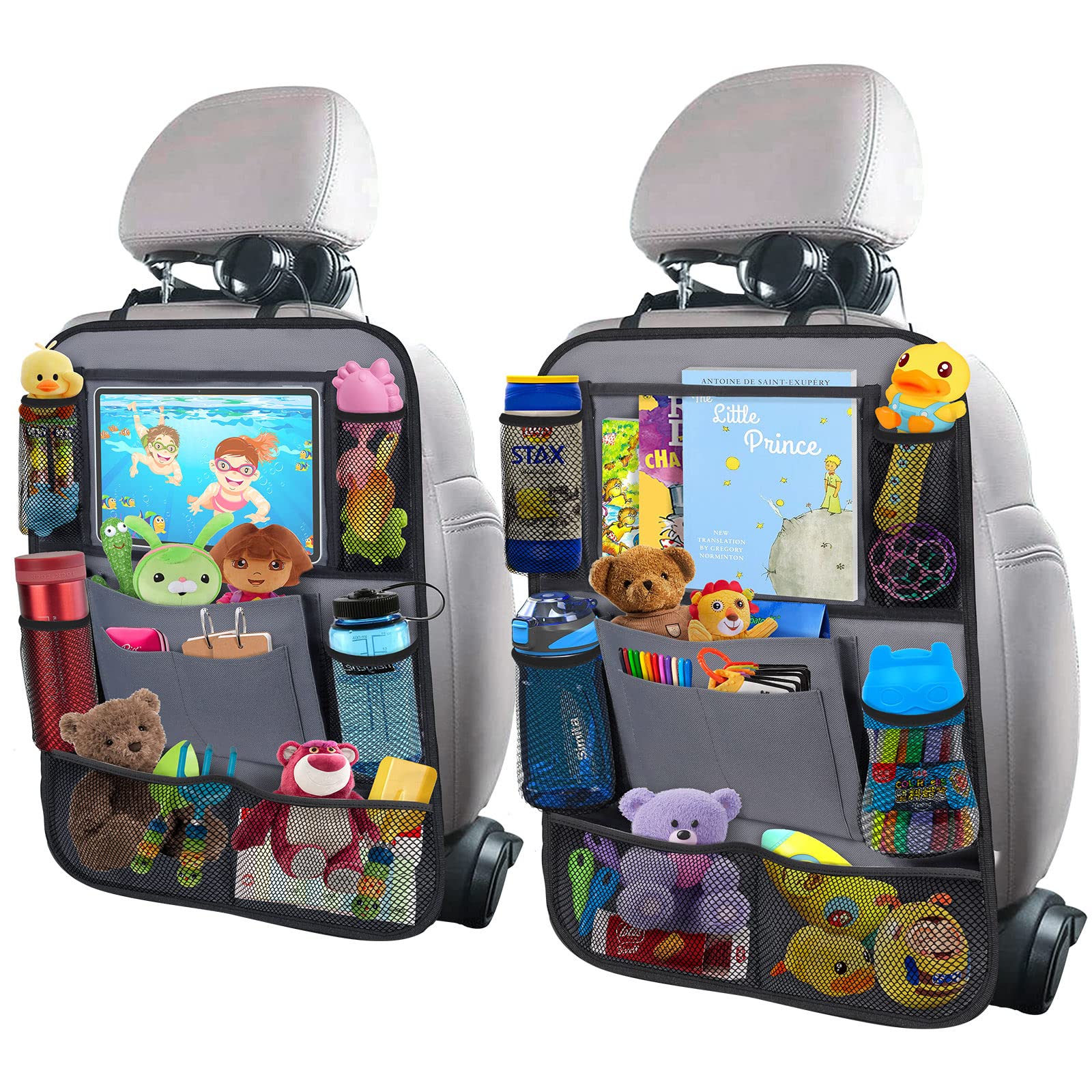 ULEEKA car backseat organizer 2-pack in gray keeps kids' essentials neatly organized.
