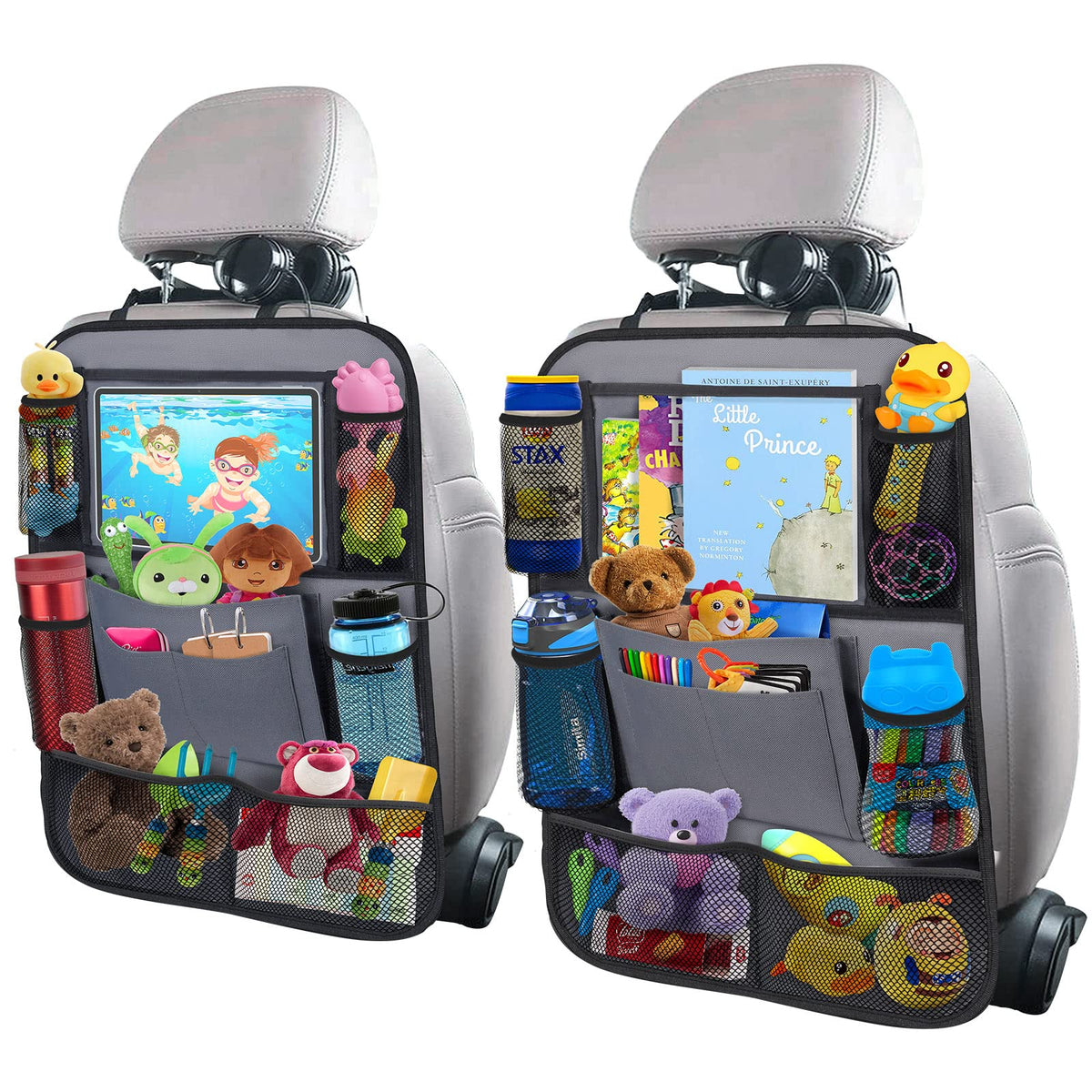 ULEEKA car backseat organizer 2-pack in gray keeps kids' essentials neatly organized.